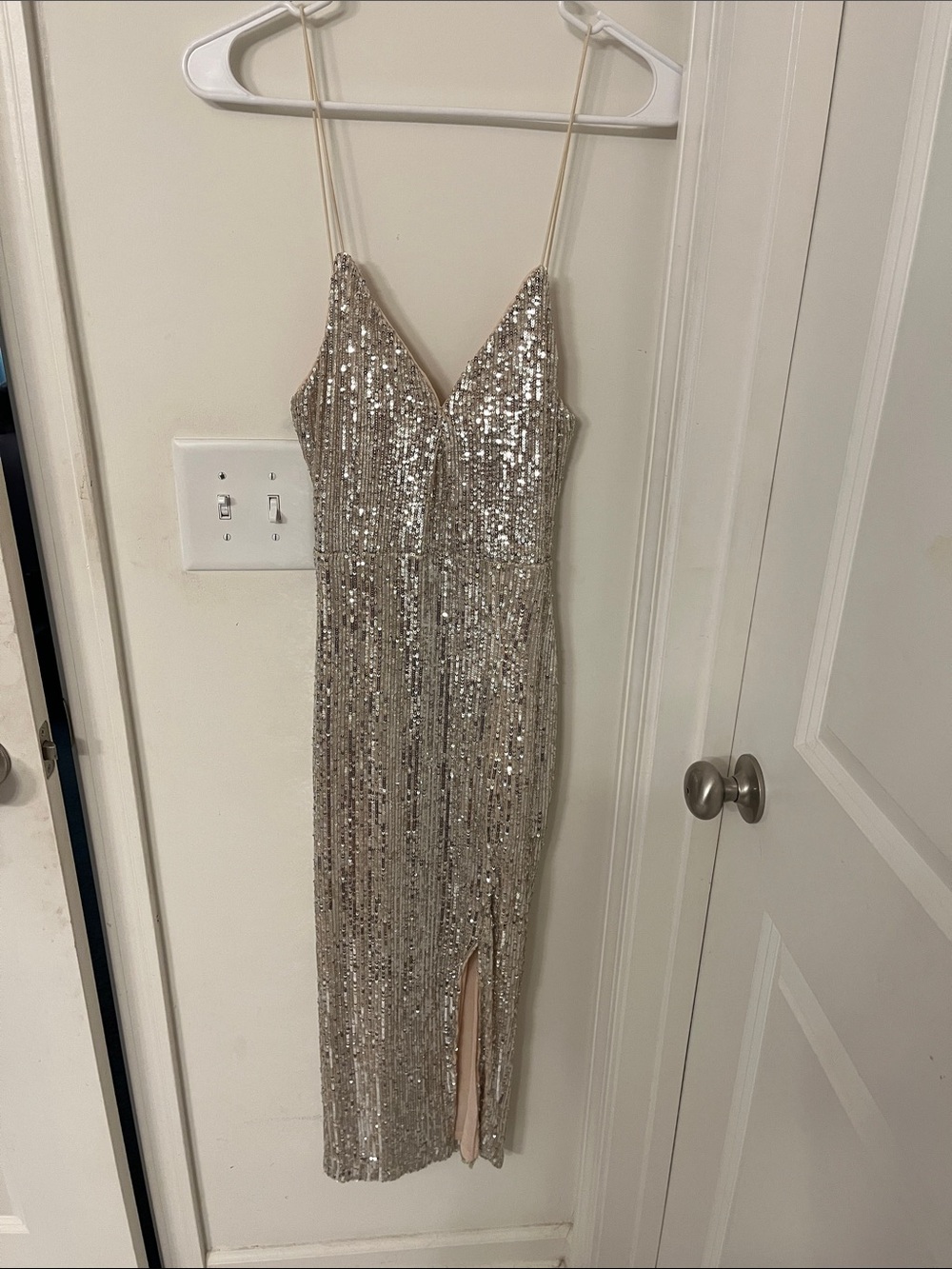 Sequin Slip Dress with Slim Straps in Champagne